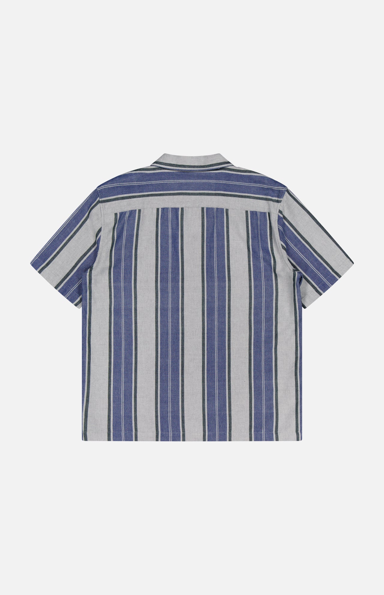 The ORIGINAL MADRAS Stripe Lax Camp Shirt is a short-sleeve, blue and grey button-up made from pure Indian cotton with vertical stripes, shown laid flat from the back on a plain light background.