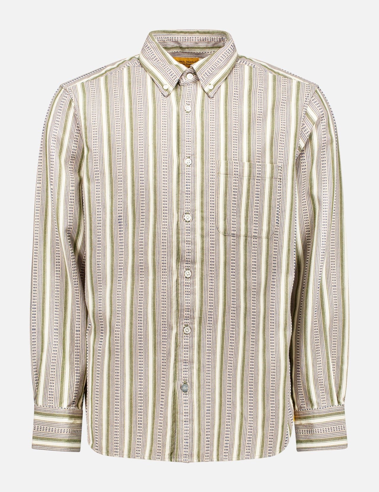 The ORIGINAL MADRAS Straight Collar Long Sleeve Shirt is made from pure Indian cotton and features vertical beige, green, and white stripes, a collar, button-up front, and chest pocket. Displayed against a plain white background.