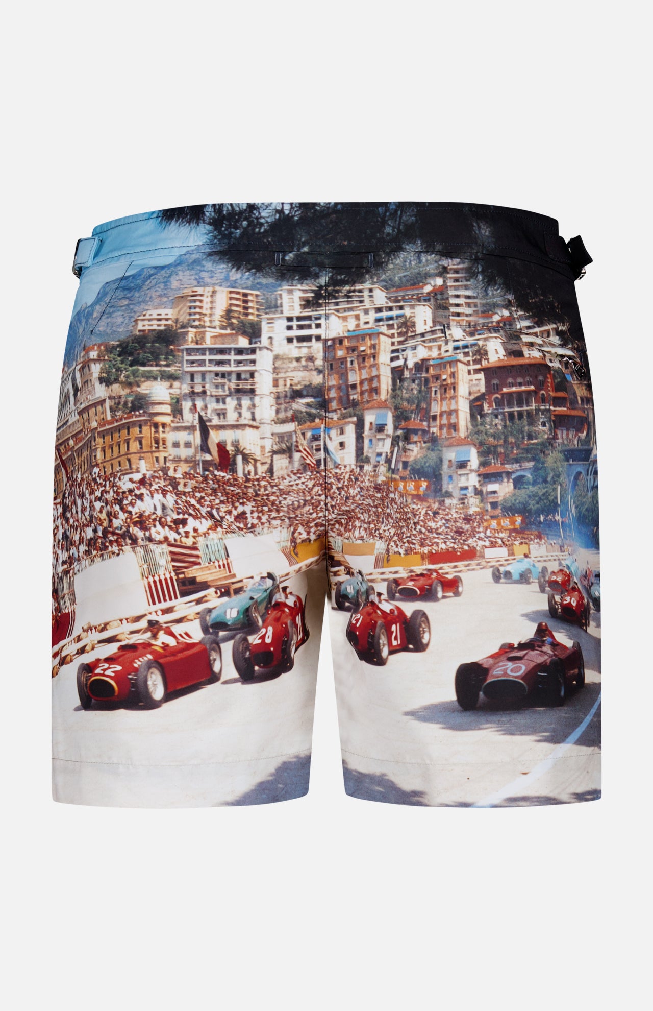 ORLEBAR BROWN’s Bulldog Photographic Race Car Shorts feature a vintage Grand Prix de Monaco print with racing cars, energetic crowds, and city buildings for a bold summer look.