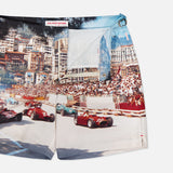 ORLEBAR BROWN’s Bulldog Photographic Race Car Shorts feature a vintage Grand Prix de Monaco photo print with classic cars racing past city buildings and enthusiastic crowds.