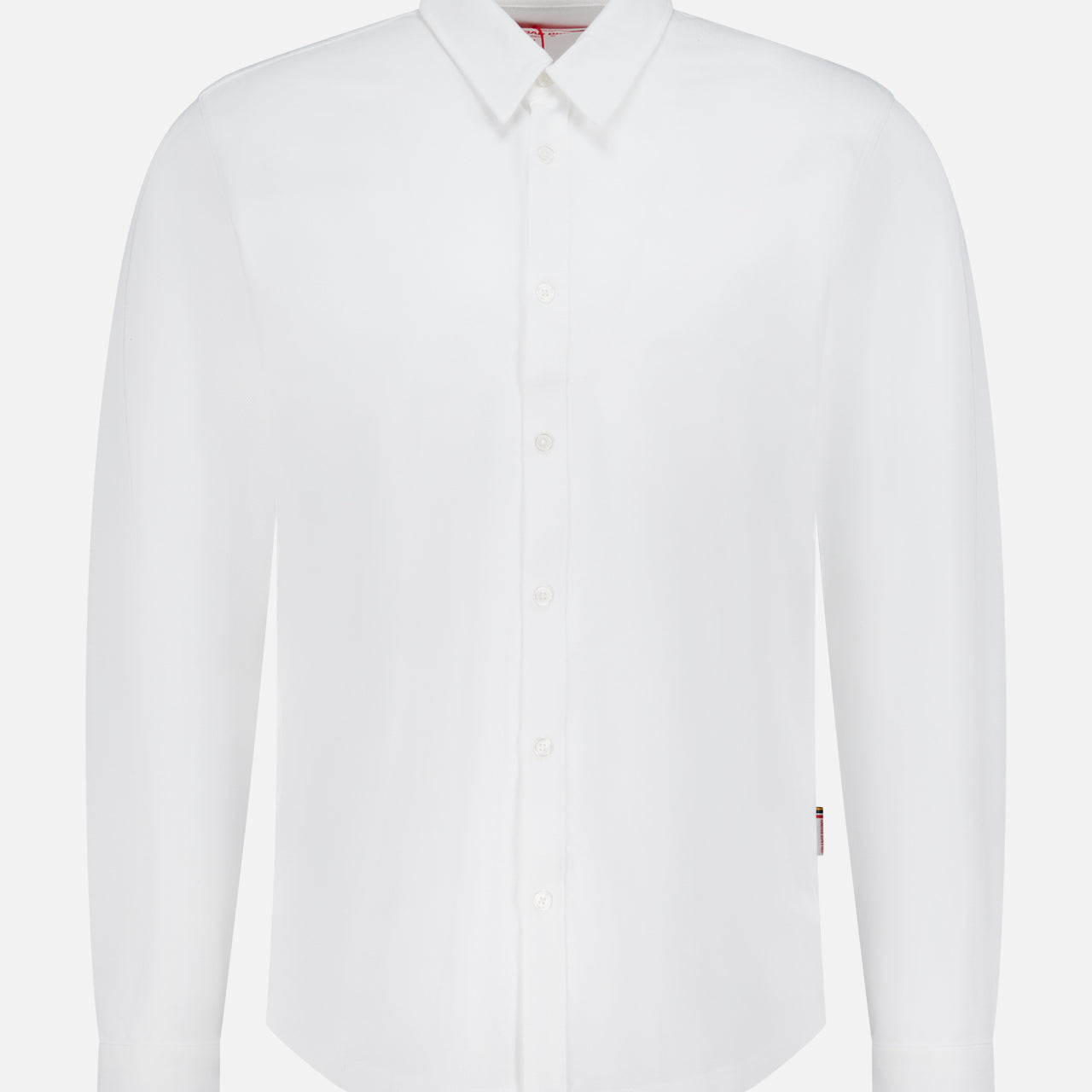 The ORLEBAR BROWN Giles Slim Fit Pique Shirt is a classic white cotton shirt with a collar, buttoned cuffs, and front buttons. Shown on a white background, its timeless slim fit design offers versatile style for any occasion.