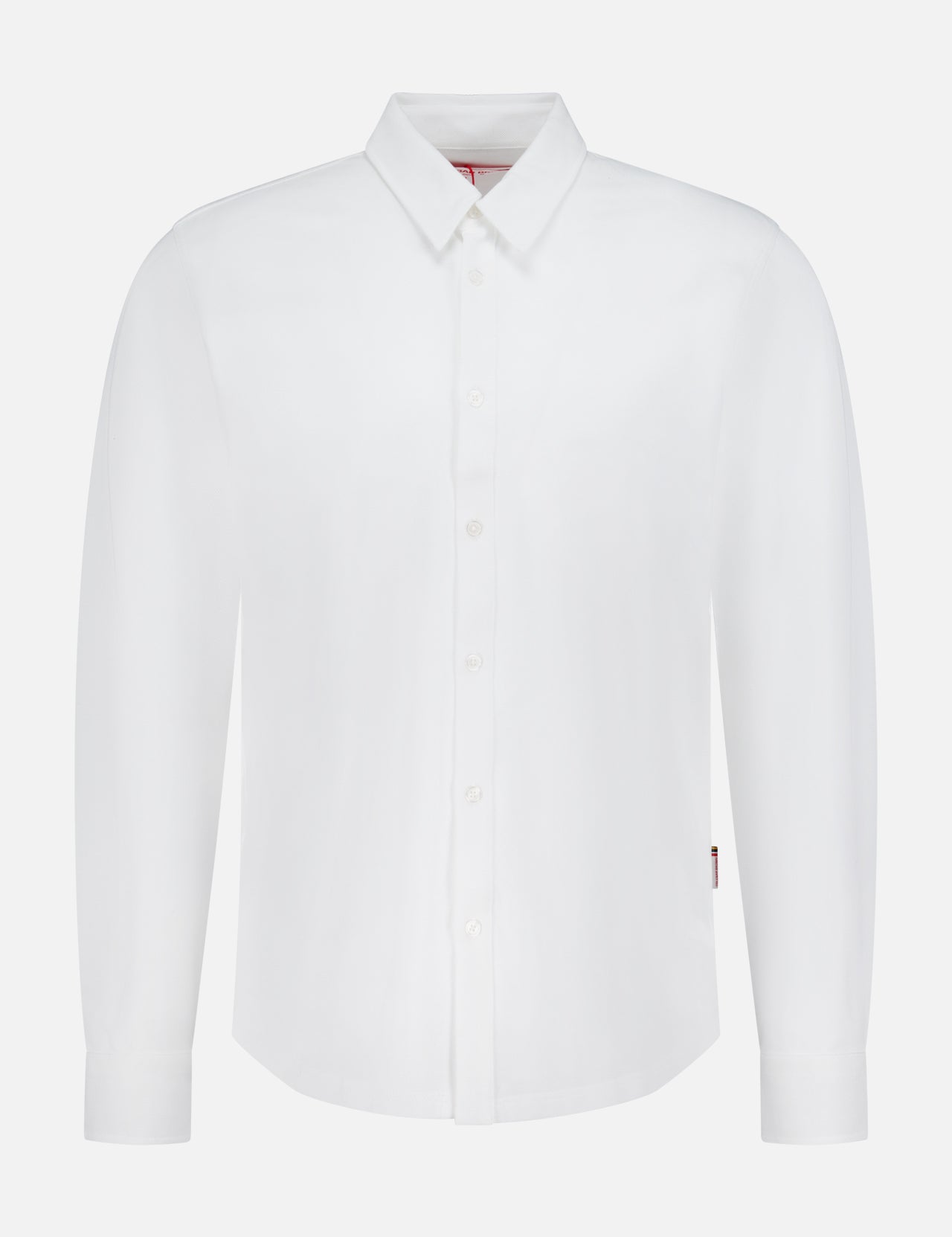 The ORLEBAR BROWN Giles Slim Fit Pique Shirt is a classic white cotton shirt with a collar, buttoned cuffs, and front buttons. Shown on a white background, its timeless slim fit design offers versatile style for any occasion.