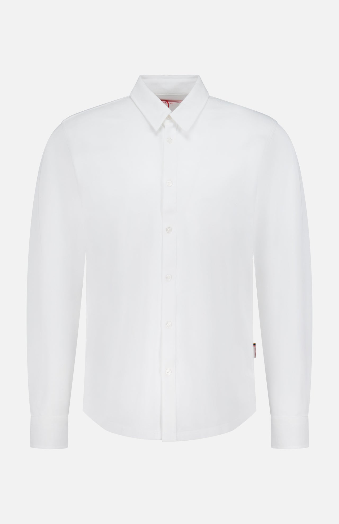 The ORLEBAR BROWN Giles Slim Fit Pique Shirt is a classic white cotton shirt with a collar, buttoned cuffs, and front buttons. Shown on a white background, its timeless slim fit design offers versatile style for any occasion.