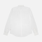Back view of the ORLEBAR BROWN Giles Slim Fit Pique Shirt in white, featuring a collar, buttoned cuffs, and a slightly curved hem, laid flat on a white background.