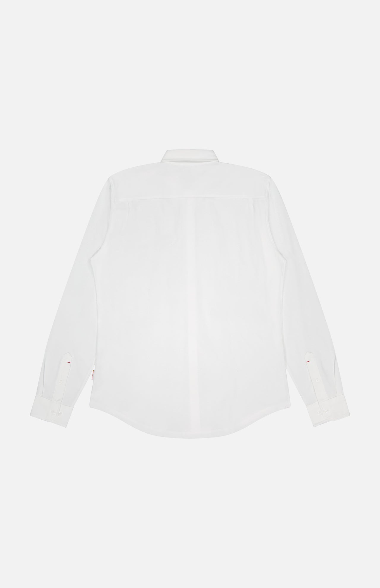 Back view of the ORLEBAR BROWN Giles Slim Fit Pique Shirt in white, featuring a collar, buttoned cuffs, and a slightly curved hem, laid flat on a white background.