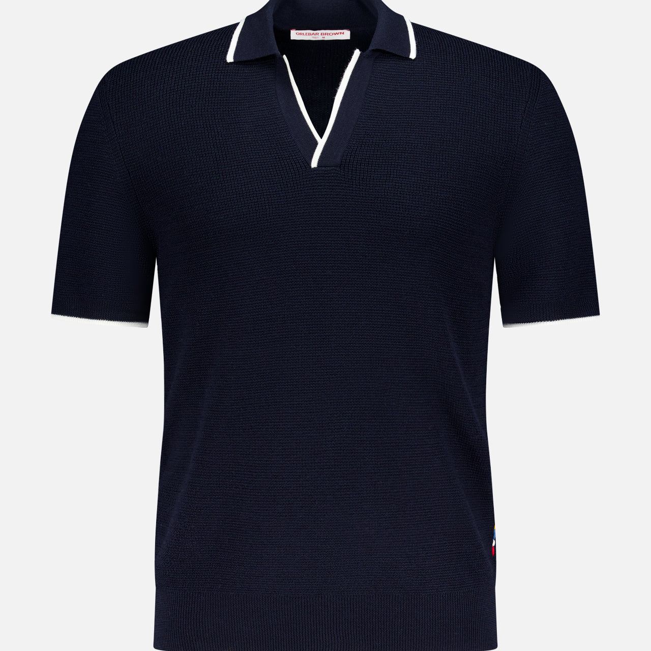 The ORLEBAR BROWN Horton Stripe Johnny Collar Polo in navy blue wool features a white-trimmed Johnny collar and short sleeves, shown against a plain white background.