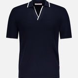 The ORLEBAR BROWN Horton Stripe Johnny Collar Polo in navy blue wool features a white-trimmed Johnny collar and short sleeves, shown against a plain white background.