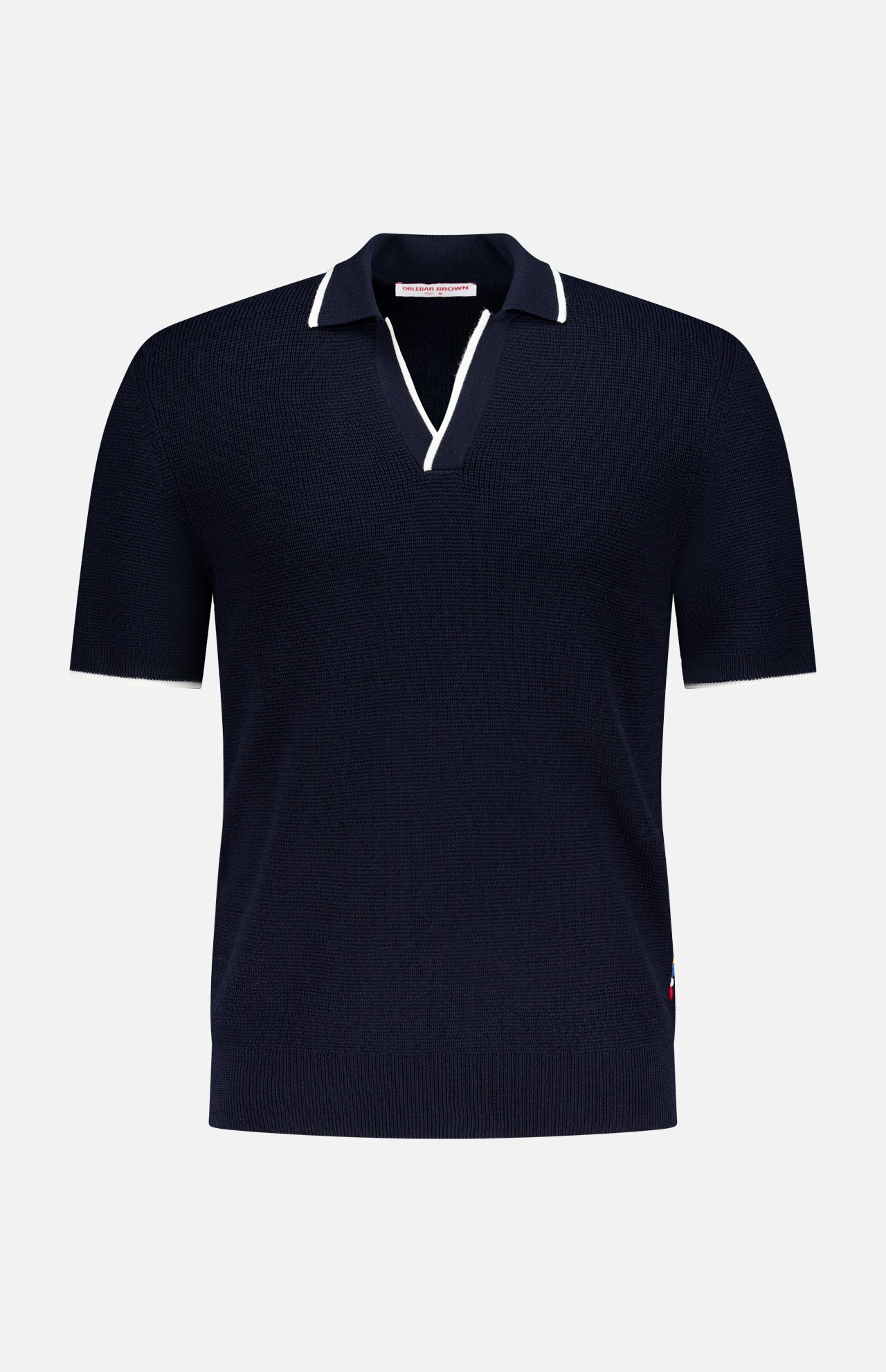The ORLEBAR BROWN Horton Stripe Johnny Collar Polo in navy blue wool features a white-trimmed Johnny collar and short sleeves, shown against a plain white background.
