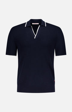 The ORLEBAR BROWN Horton Stripe Johnny Collar Polo in navy blue wool features a white-trimmed Johnny collar and short sleeves, shown against a plain white background.