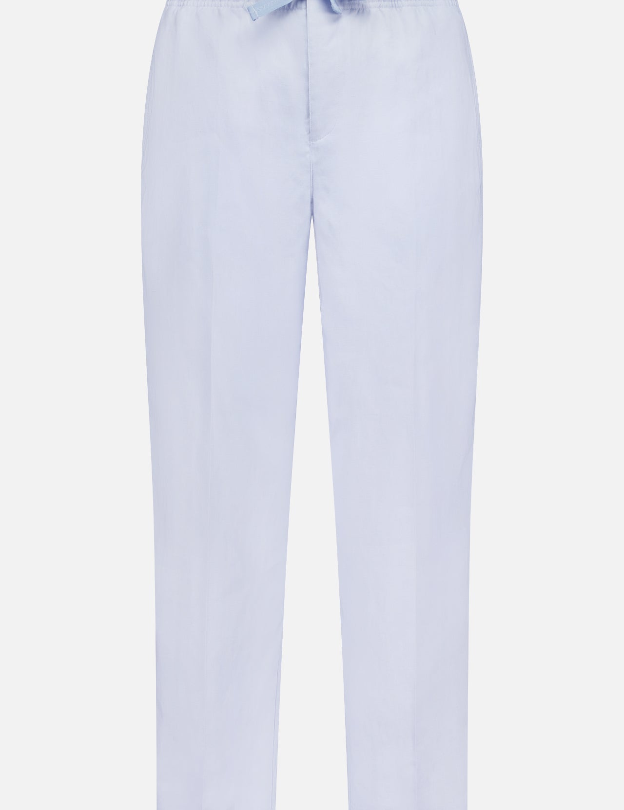 The Alex Relaxed Linen Pants by ORLEBAR BROWN feature light blue linen, a relaxed fit, elastic waistband, and drawstring waist, shown against a plain white background.