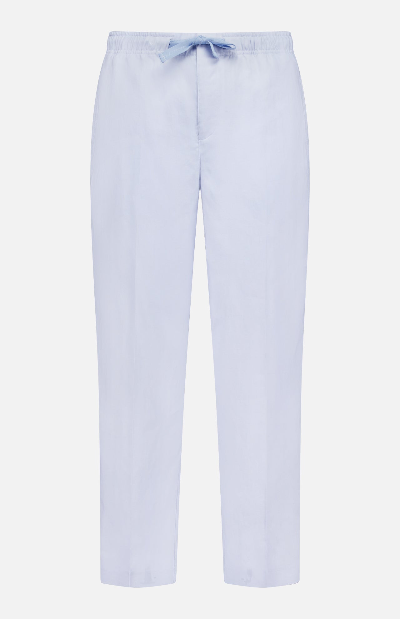The Alex Relaxed Linen Pants by ORLEBAR BROWN feature light blue linen, a relaxed fit, elastic waistband, and drawstring waist, shown against a plain white background.