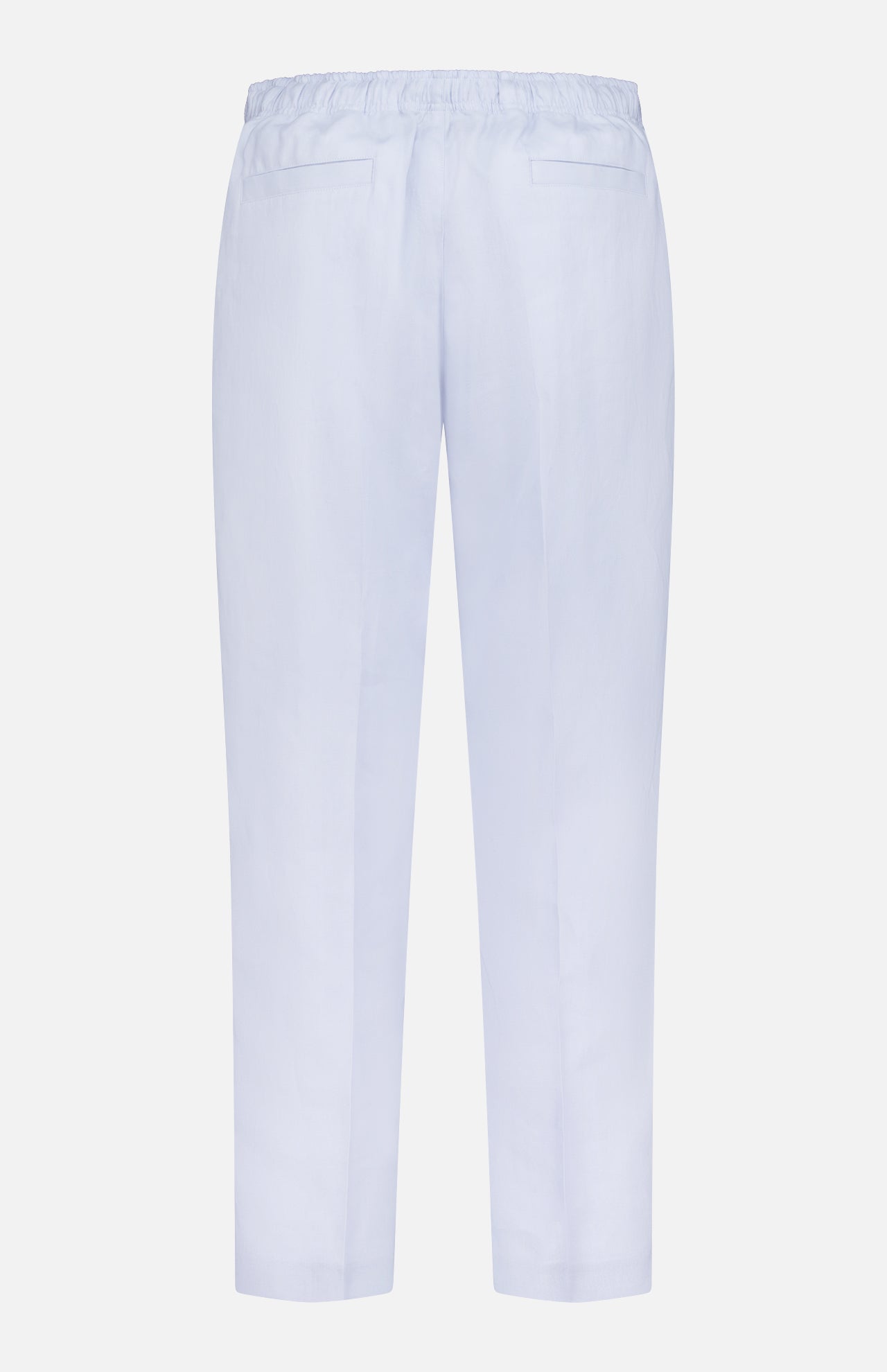 Back view of ORLEBAR BROWN's Alex Relaxed Linen Pants in light blue, featuring a drawstring waist and two back welt pockets, shown on a plain white background.