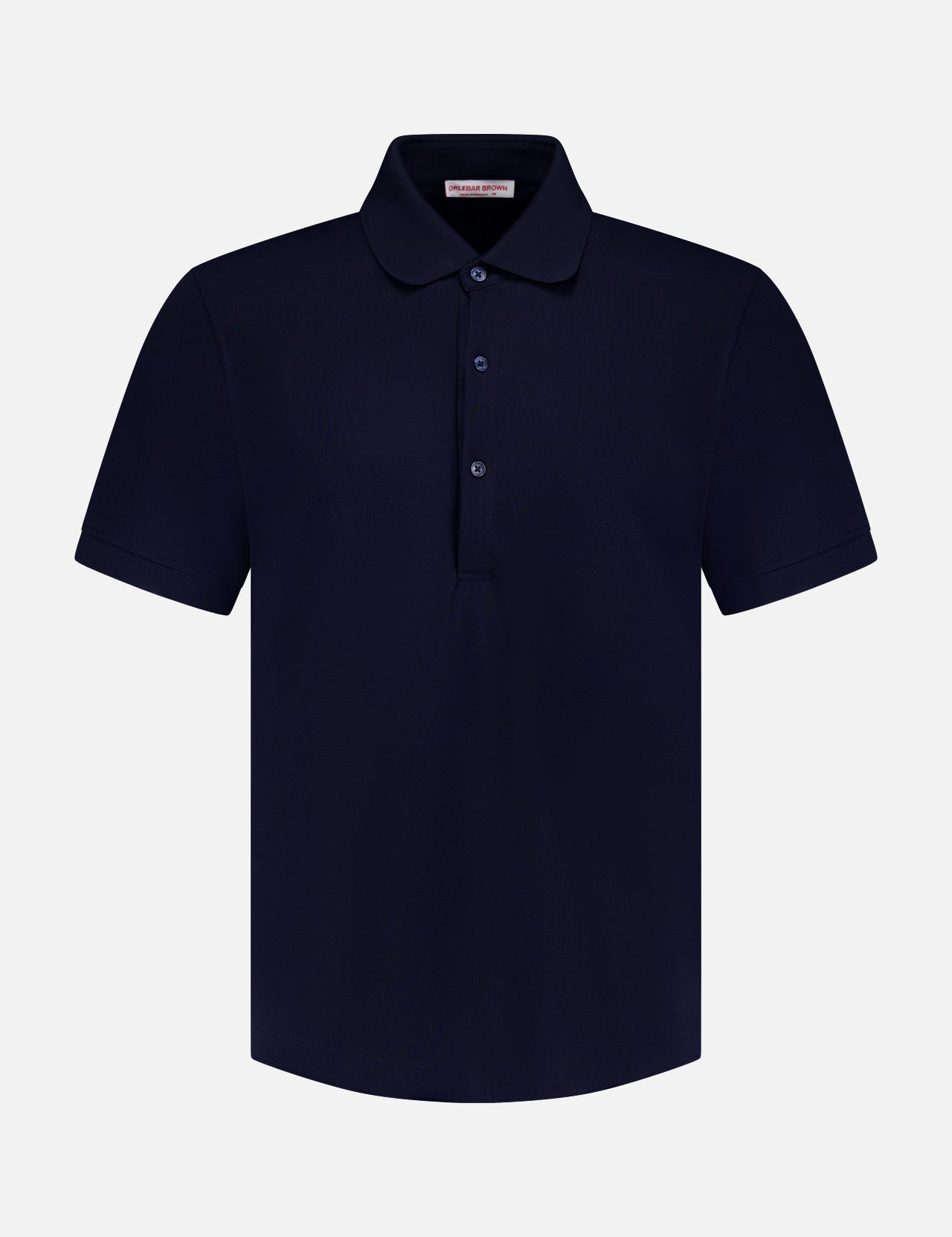 The ORLEBAR BROWN Bruno 3 Button Pique Polo Shirt is a classic fit, short-sleeved navy blue cotton polo with a collar and three-button placket, shown on a white background.