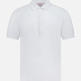 The ORLEBAR BROWN Bruno 3 Button Pique Polo Shirt is a classic-fit white polo made from soft cotton pique, featuring short sleeves, a collar, and three front buttons, shown on a white background.