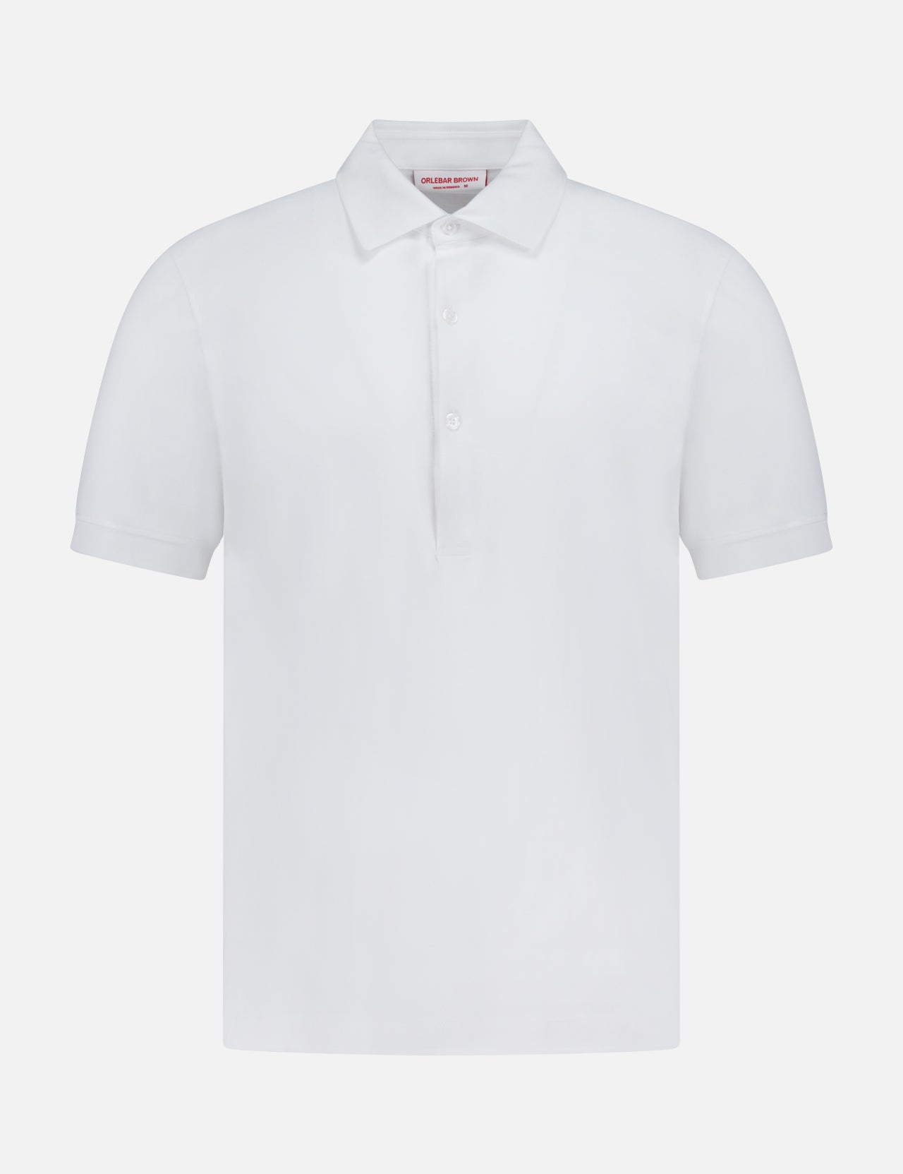 The ORLEBAR BROWN Bruno 3 Button Pique Polo Shirt is a classic-fit white polo made from soft cotton pique, featuring short sleeves, a collar, and three front buttons, shown on a white background.