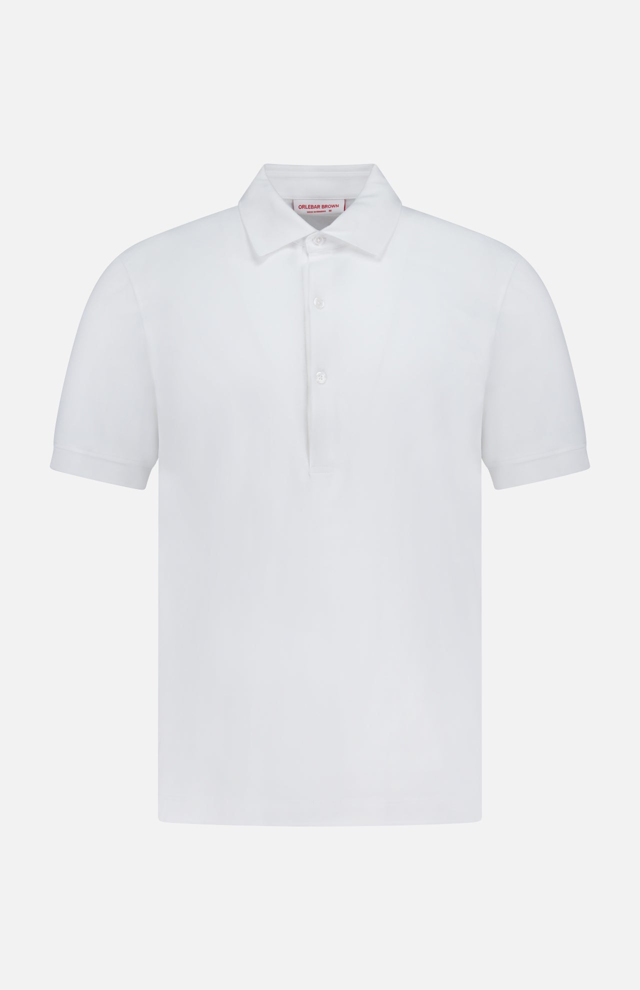 The ORLEBAR BROWN Bruno 3 Button Pique Polo Shirt is a classic-fit white polo made from soft cotton pique, featuring short sleeves, a collar, and three front buttons, shown on a white background.