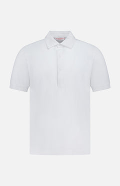 The ORLEBAR BROWN Bruno 3 Button Pique Polo Shirt is a classic-fit white polo made from soft cotton pique, featuring short sleeves, a collar, and three front buttons, shown on a white background.