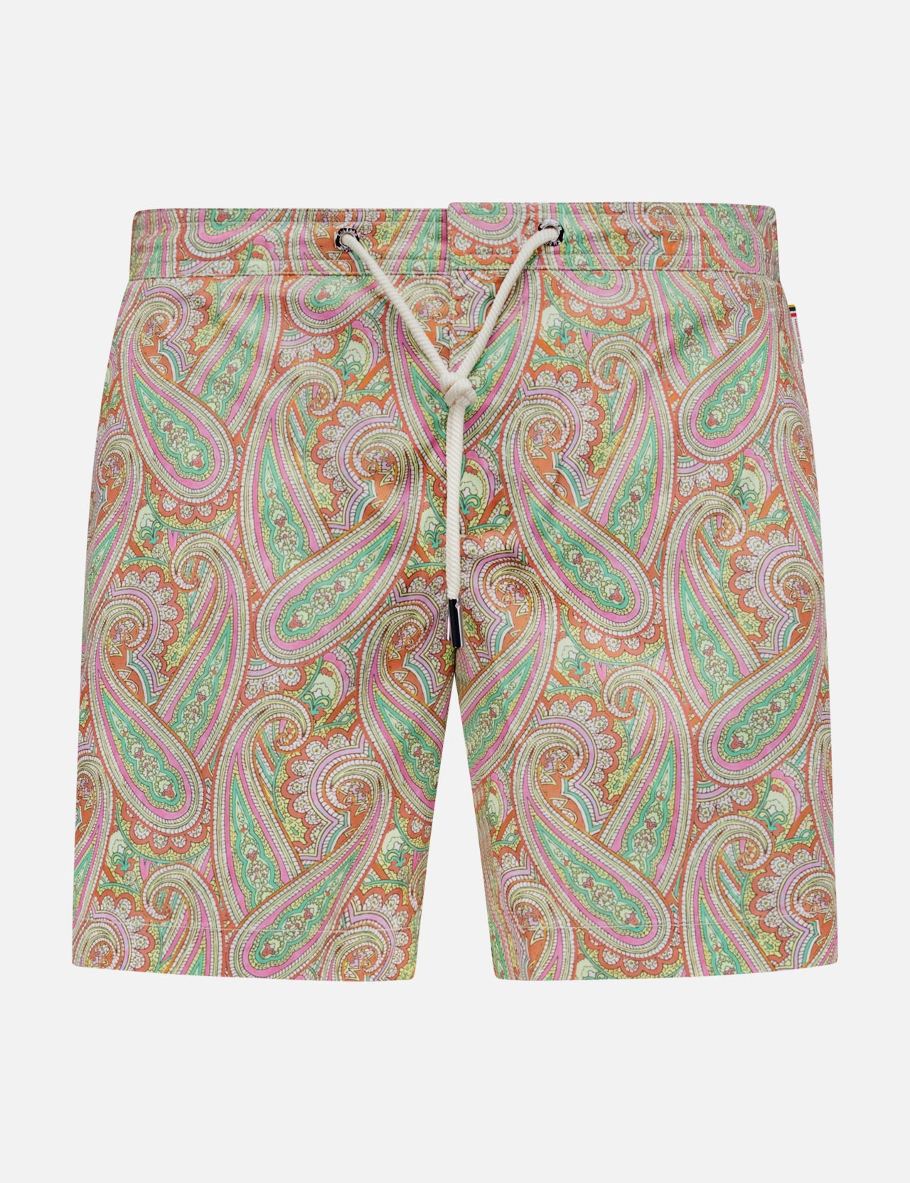 The ORLEBAR BROWN Bulldog Drawcord Carnival Paisley Swim Shorts feature a vibrant paisley print in pink, green, orange, and cream with a white waist drawstring, shown against a plain white background.
