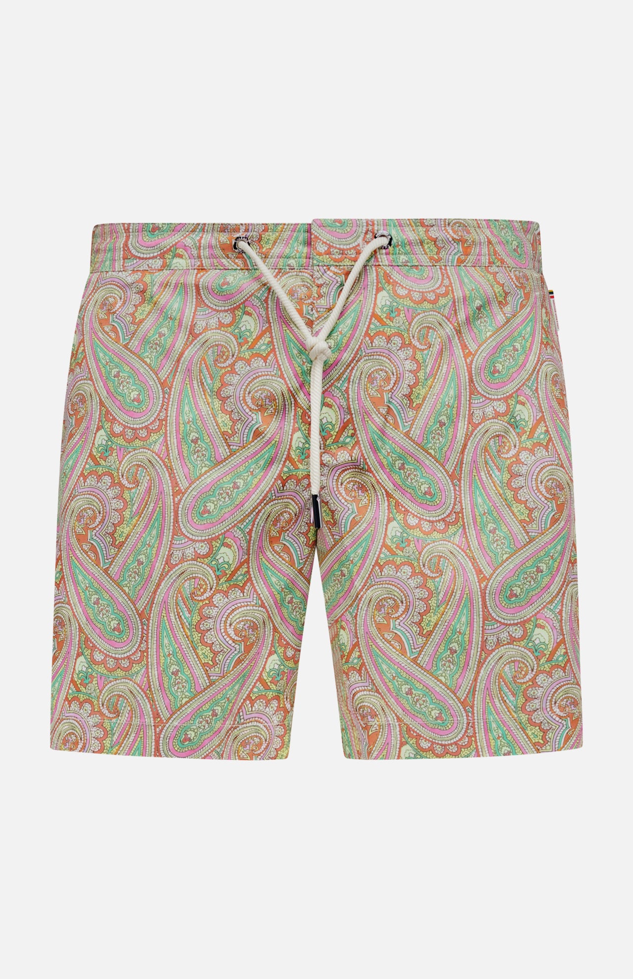 The ORLEBAR BROWN Bulldog Drawcord Carnival Paisley Swim Shorts feature a vibrant paisley print in pink, green, orange, and cream with a white waist drawstring, shown against a plain white background.