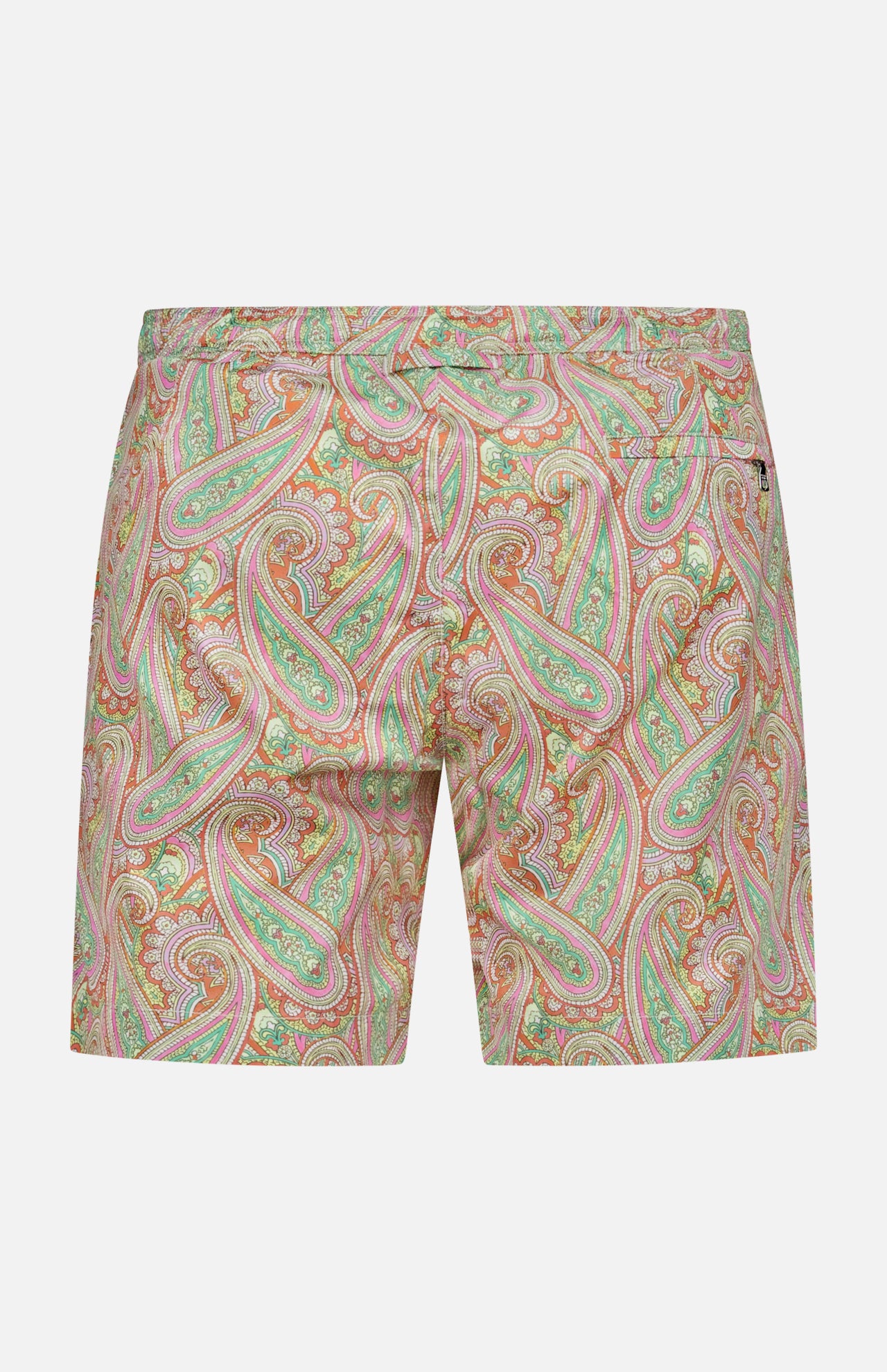 Back view of ORLEBAR BROWN Bulldog Drawcord Carnival Paisley Swim Shorts, featuring a vibrant pink, green, and orange paisley print on a light base with a right-side back pocket.