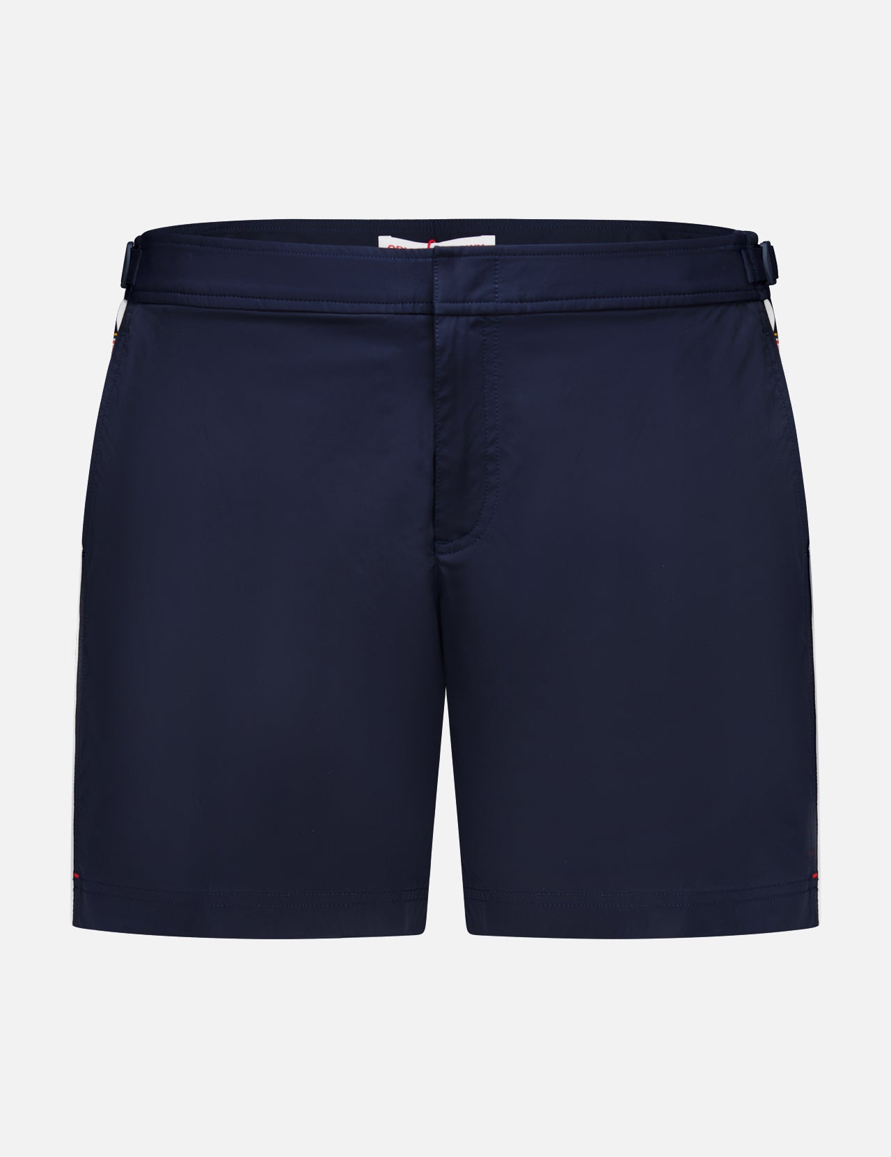 ORLEBAR BROWN Bulldog Stretch Shorts: navy men's swim trunks with a flat front, waistband, and adjustable side tabs, featuring a classic, unbranded style and no patterns. Shown on a plain white background.