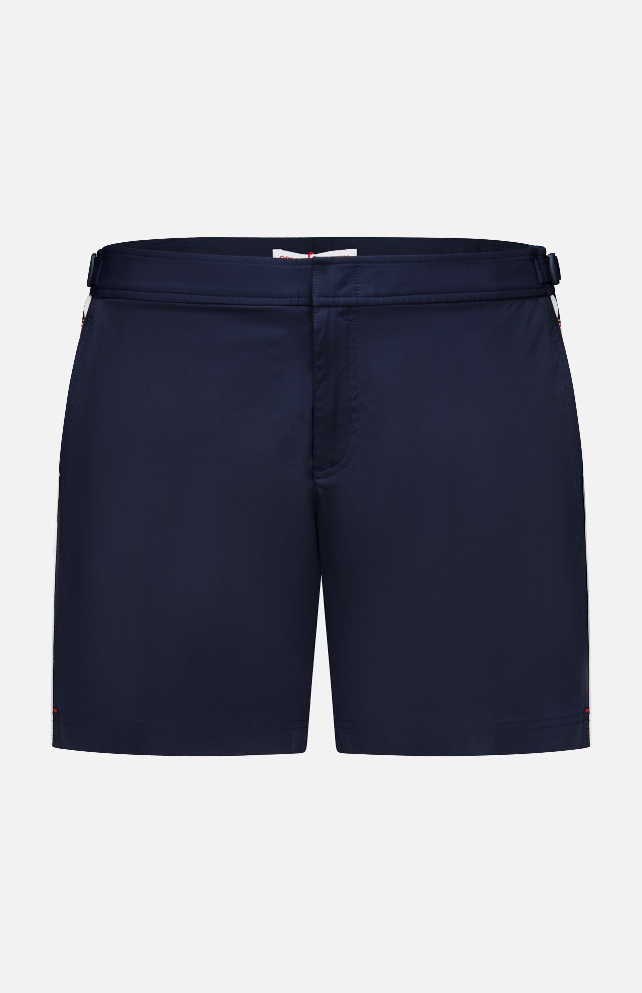ORLEBAR BROWN Bulldog Stretch Shorts: navy men's swim trunks with a flat front, waistband, and adjustable side tabs, featuring a classic, unbranded style and no patterns. Shown on a plain white background.