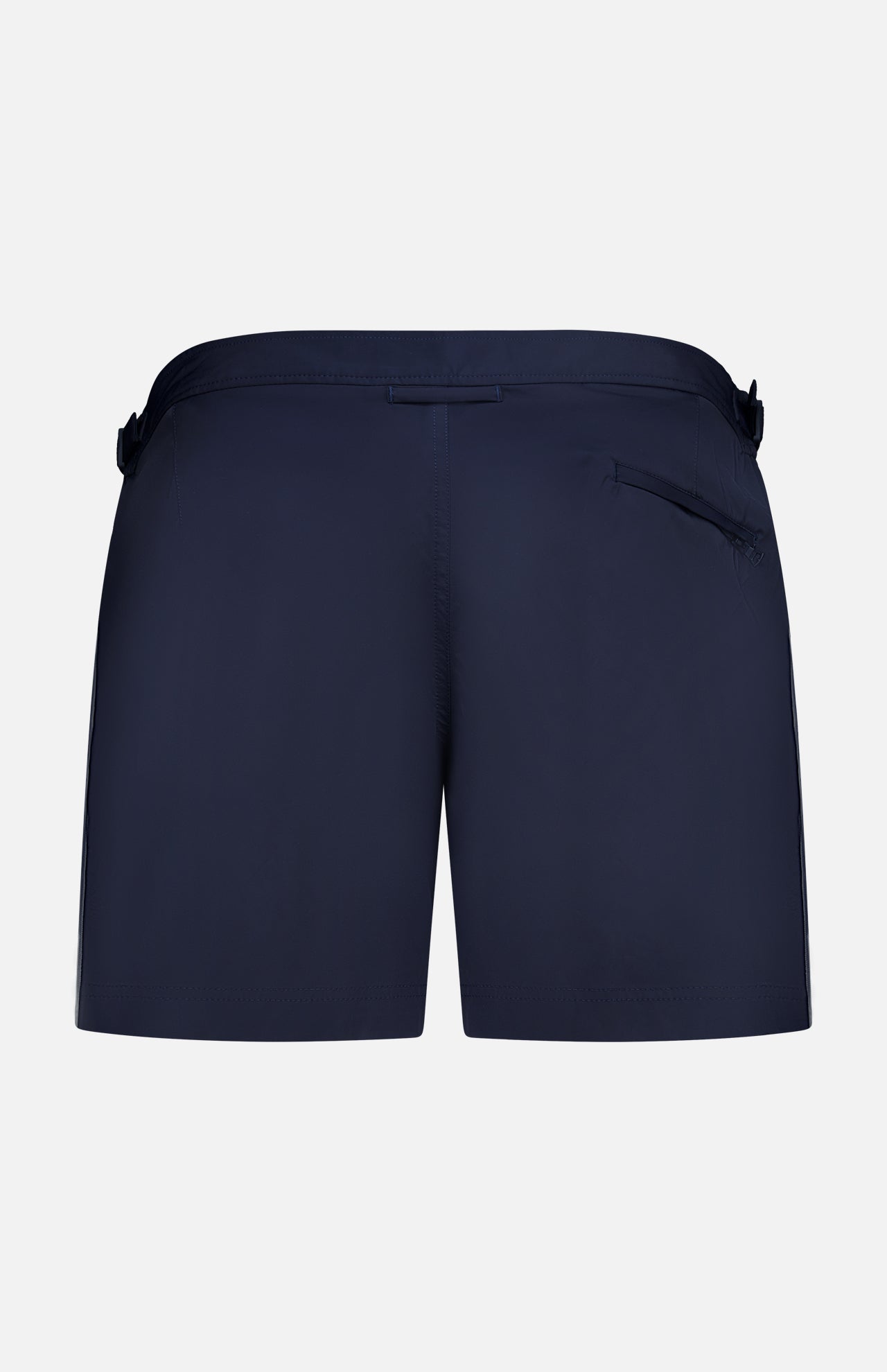 Back view of ORLEBAR BROWN Bulldog Stretch Shorts in navy, featuring an adjustable waistband, side tabs, and a right zip pocket, shown against a plain white background.