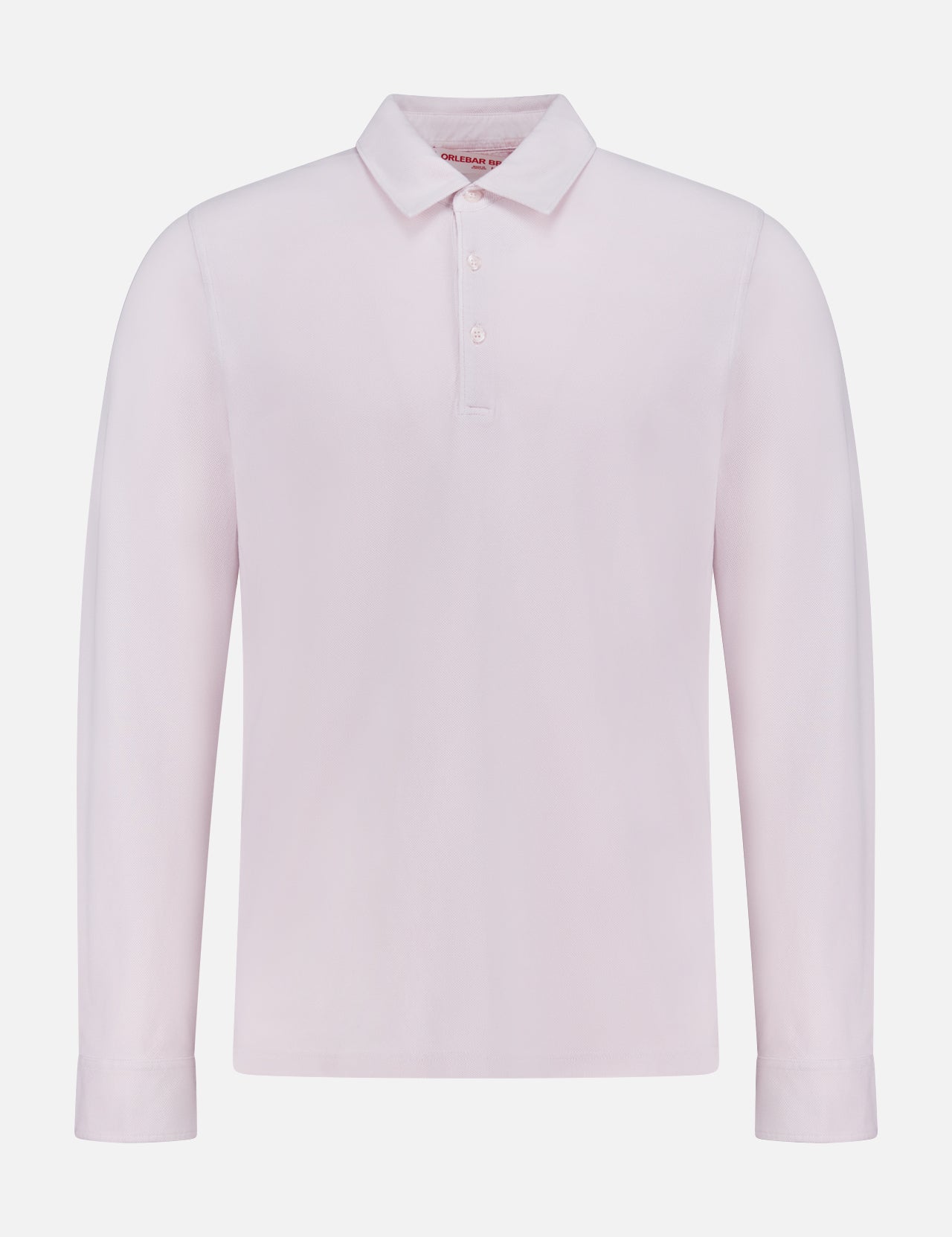 The ORLEBAR BROWN Garfield Long Sleeve Polo Shirt, crafted in Portugal from premium cotton pique jersey, features a light pink hue, classic collar, and three buttons, shown here against a plain white background.