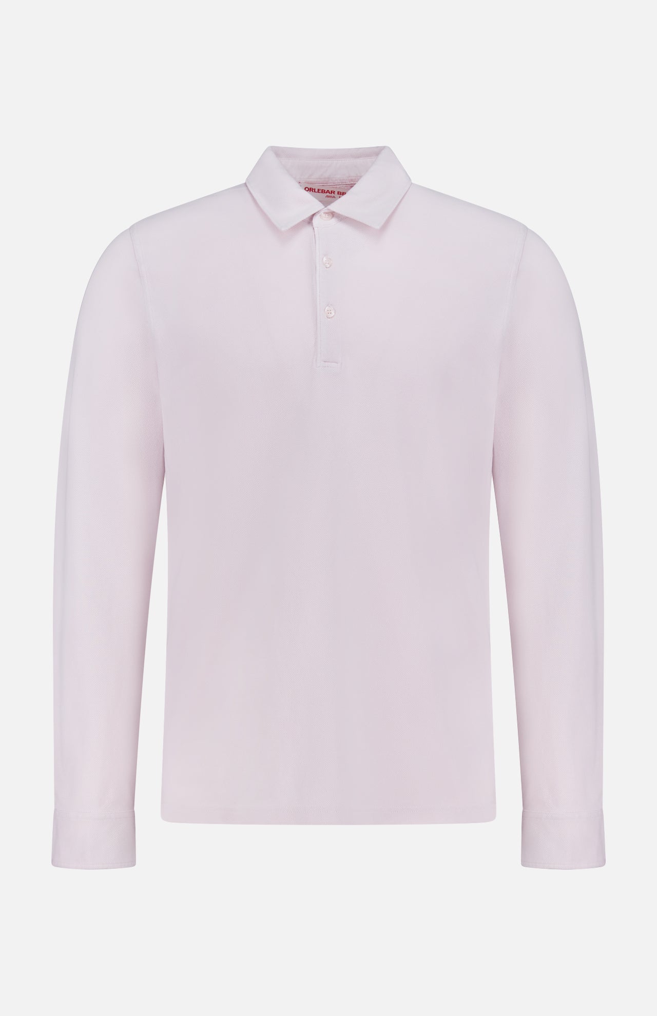 The ORLEBAR BROWN Garfield Long Sleeve Polo Shirt, crafted in Portugal from premium cotton pique jersey, features a light pink hue, classic collar, and three buttons, shown here against a plain white background.
