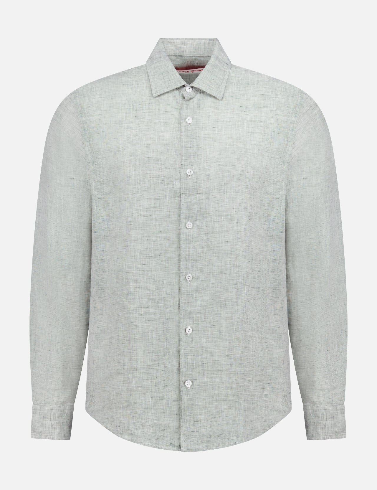 The Giles Linen II Shirt by ORLEBAR BROWN is a light gray, long sleeve button-down with a classic collar and white buttons, crafted from lightweight linen and shown on a plain white background.