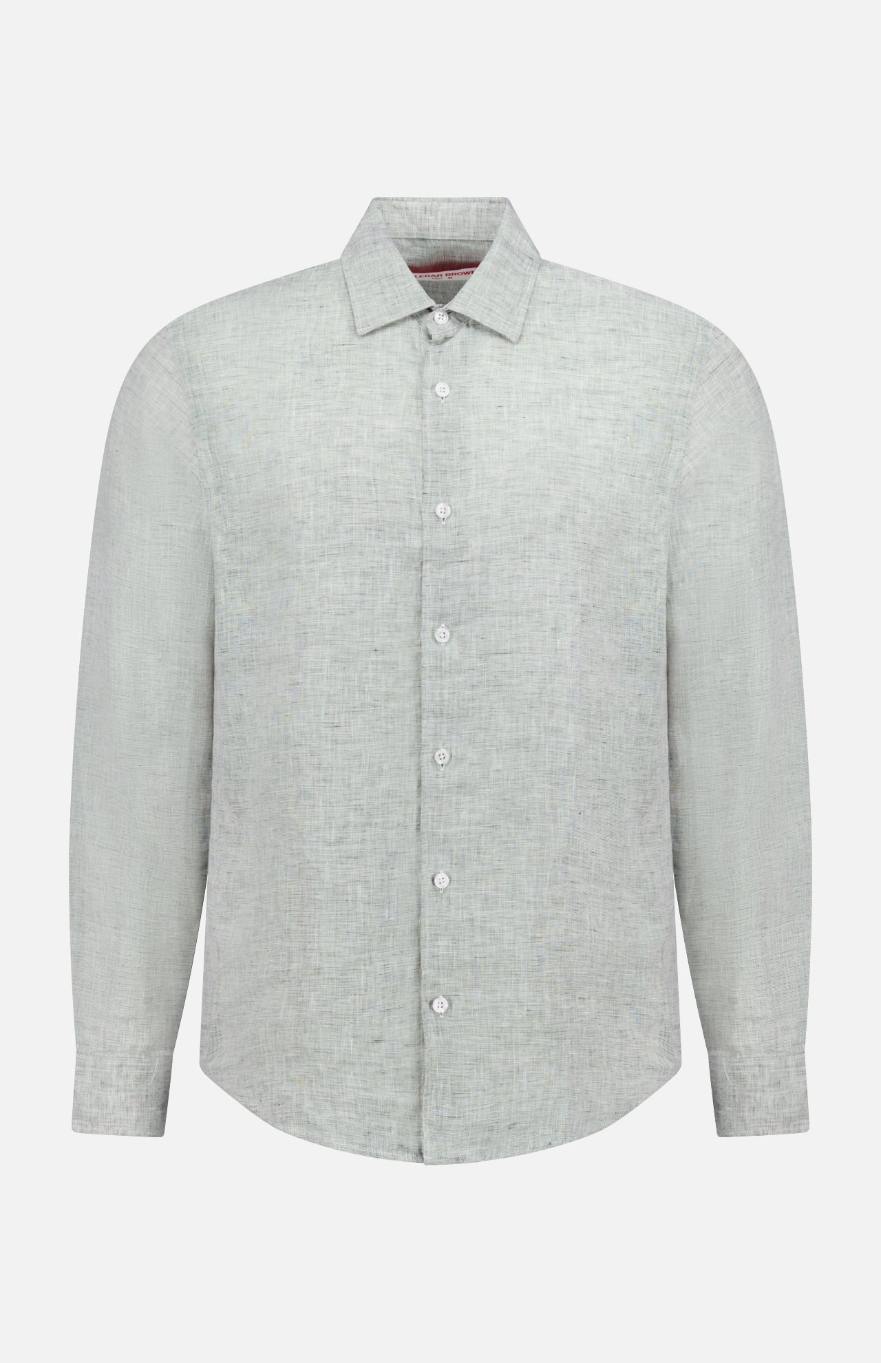 The Giles Linen II Shirt by ORLEBAR BROWN is a light gray, long sleeve button-down with a classic collar and white buttons, crafted from lightweight linen and shown on a plain white background.