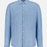 The ORLEBAR BROWN Giles Lino Stitched Shirt is a light blue linen long-sleeve button-up with a classic collar and white buttons, made in Portugal. Shown on a plain white background.