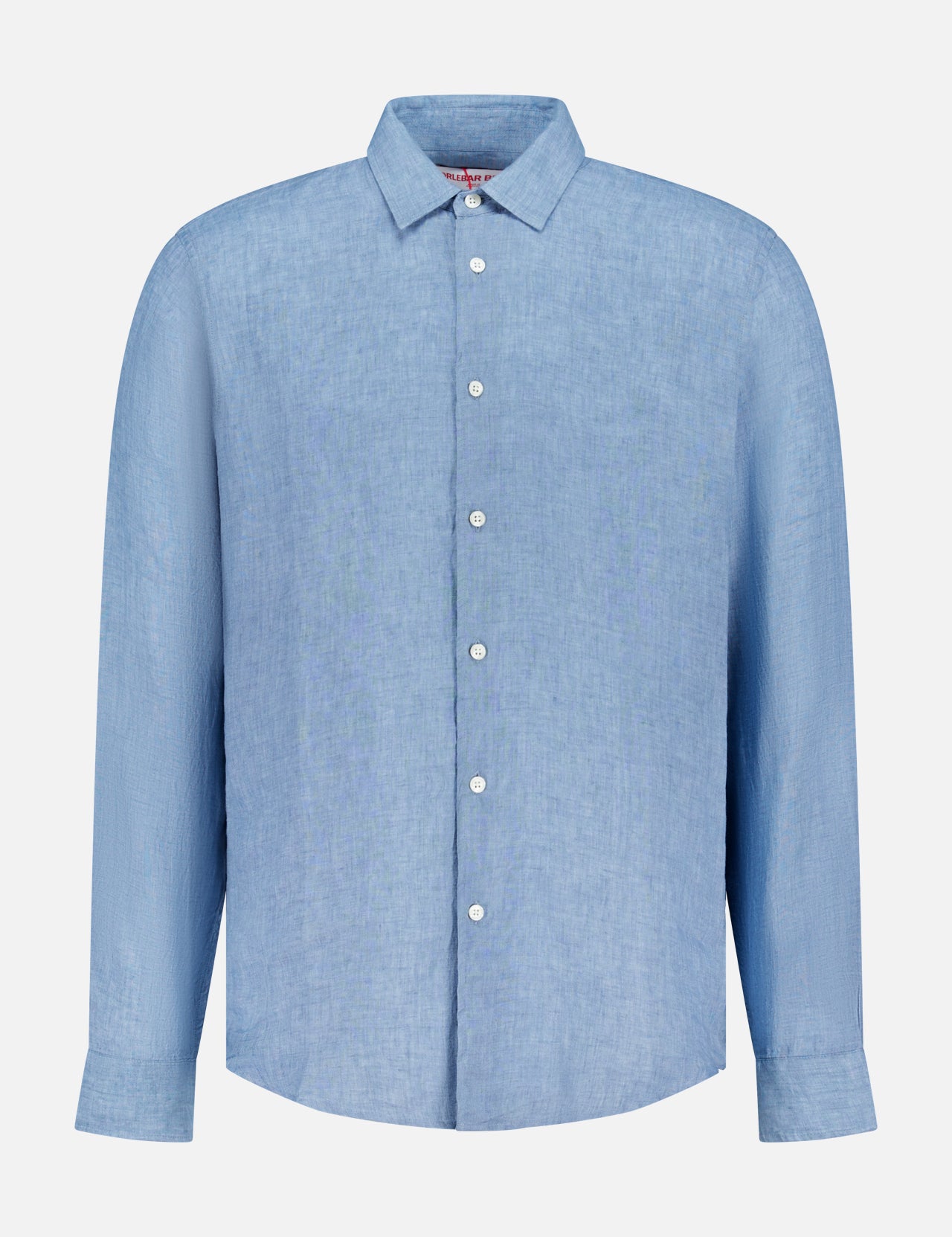 The ORLEBAR BROWN Giles Lino Stitched Shirt is a light blue linen long-sleeve button-up with a classic collar and white buttons, made in Portugal. Shown on a plain white background.