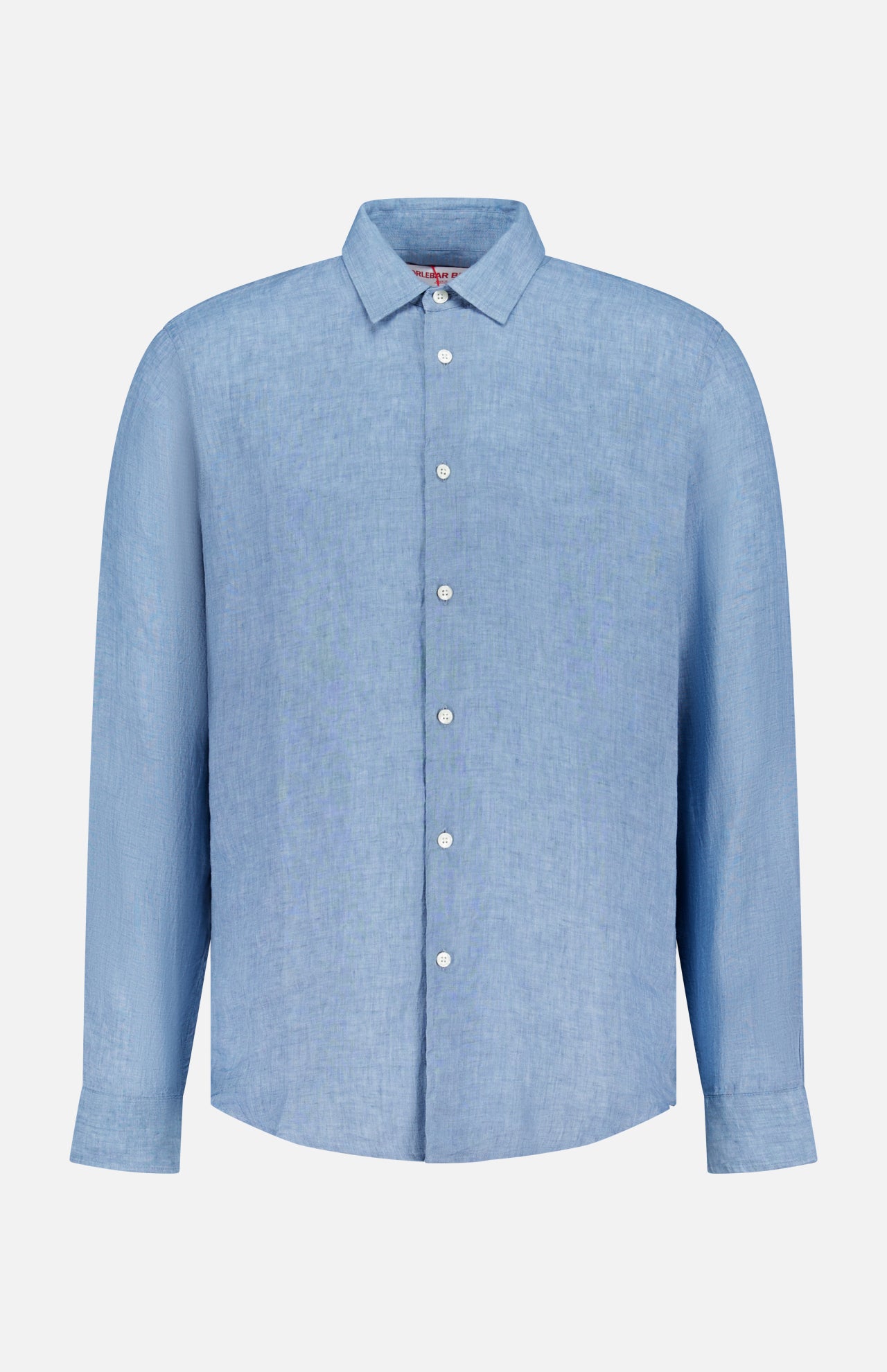 The ORLEBAR BROWN Giles Lino Stitched Shirt is a light blue linen long-sleeve button-up with a classic collar and white buttons, made in Portugal. Shown on a plain white background.