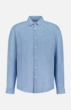 The ORLEBAR BROWN Giles Lino Stitched Shirt is a light blue linen long-sleeve button-up with a classic collar and white buttons, made in Portugal. Shown on a plain white background.
