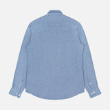 A light blue ORLEBAR BROWN Giles Lino Stitched Shirt, shown from the back on a white background, features long sleeves, a collar, buttoned cuffs, and a curved hem. Expertly crafted from linen and made in Portugal.