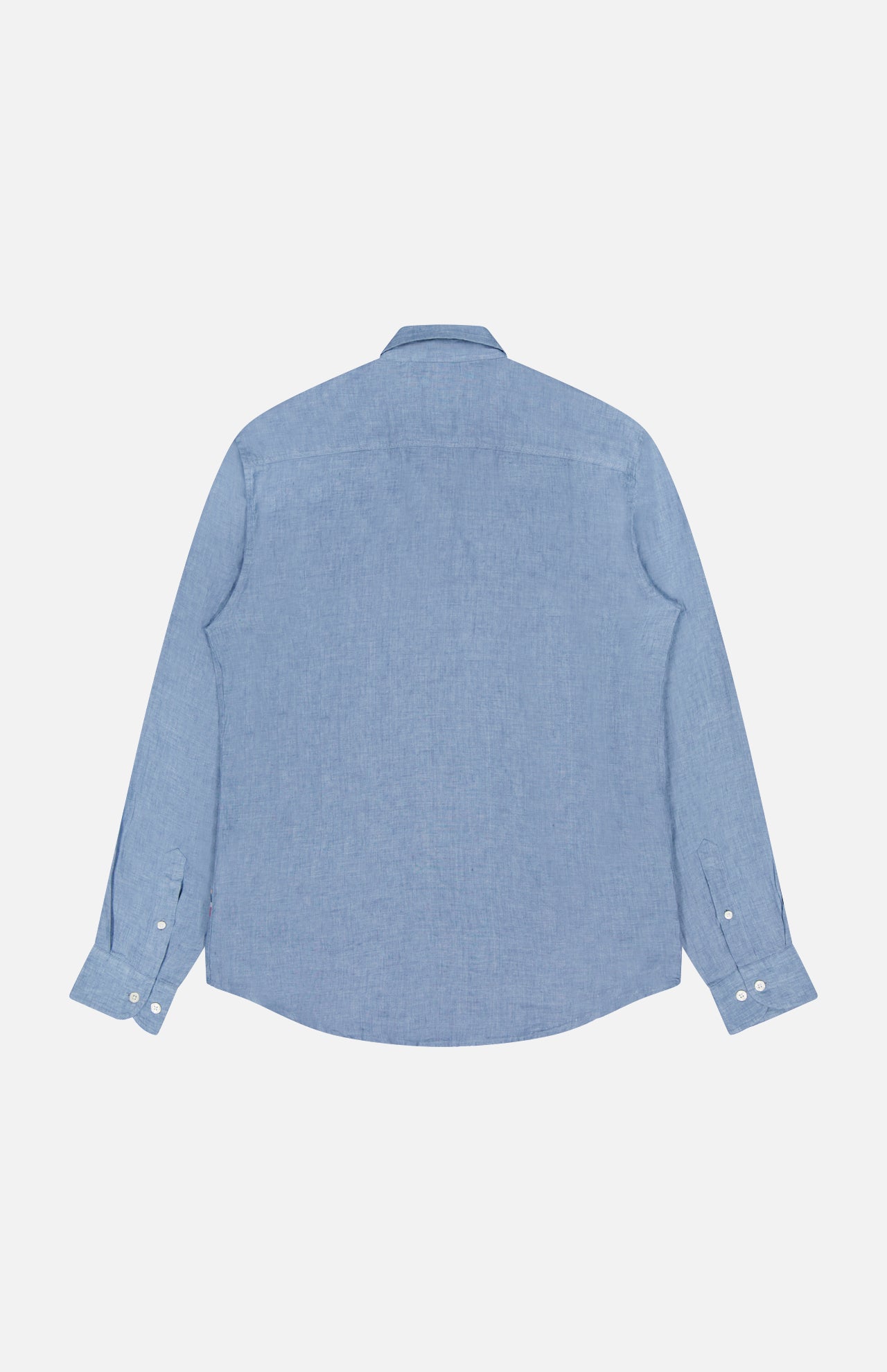 A light blue ORLEBAR BROWN Giles Lino Stitched Shirt, shown from the back on a white background, features long sleeves, a collar, buttoned cuffs, and a curved hem. Expertly crafted from linen and made in Portugal.
