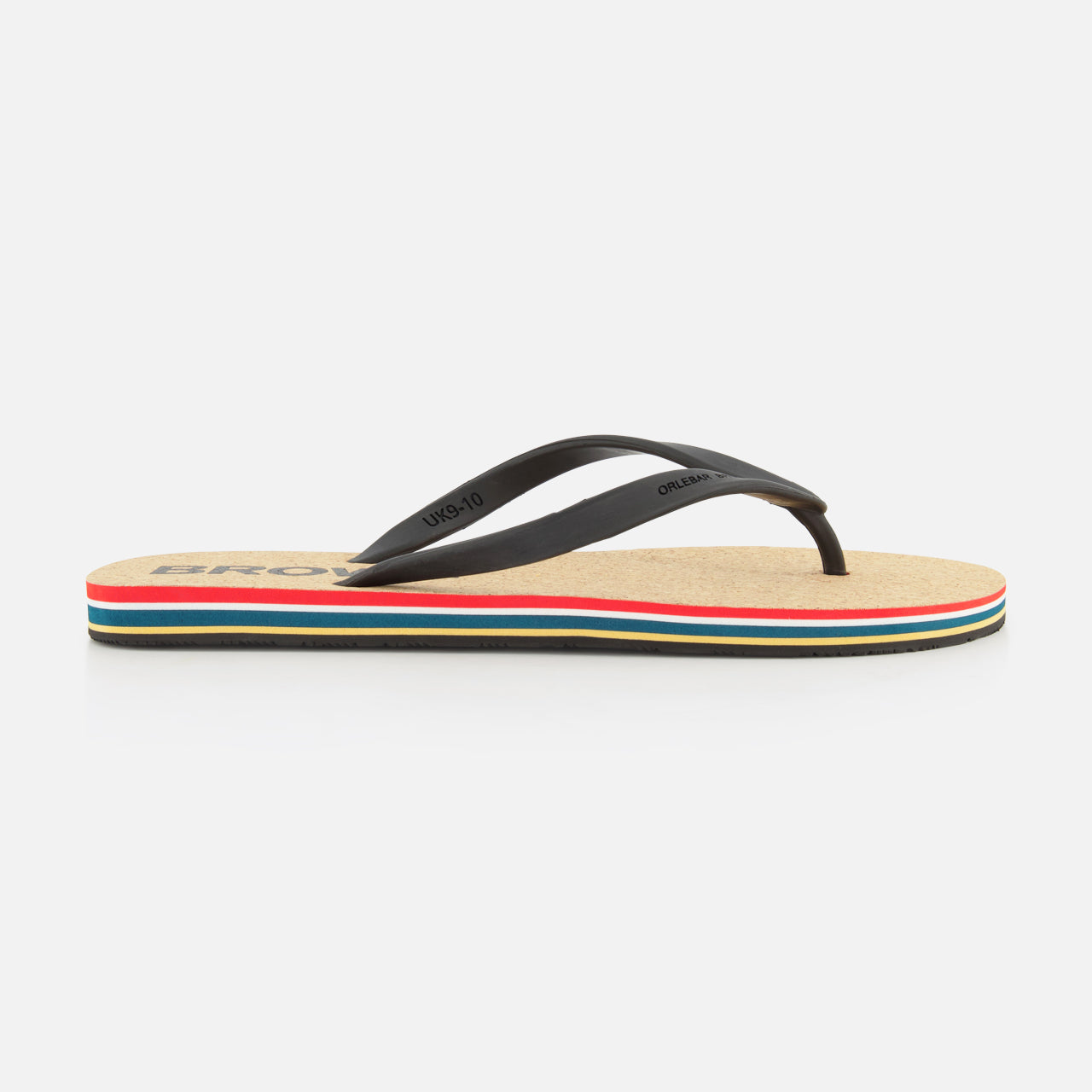 The ORLEBAR BROWN Haston Cork OB Stripe Flip Flop features black straps, a beige footbed, and a multicolor-striped sole (black, green, red, white), shown on a plain white background.