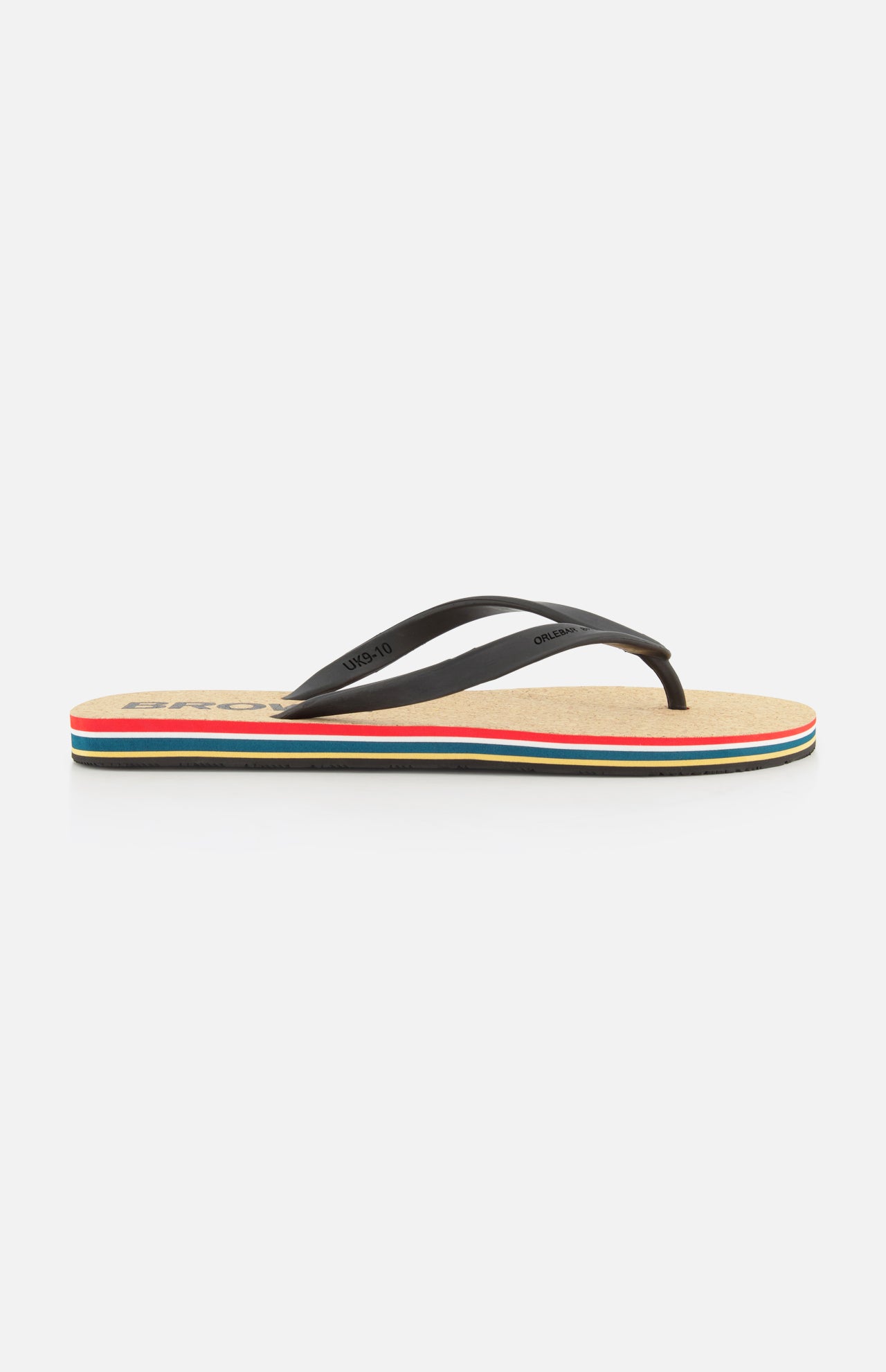 The ORLEBAR BROWN Haston Cork OB Stripe Flip Flop features black straps, a beige footbed, and a multicolor-striped sole (black, green, red, white), shown on a plain white background.
