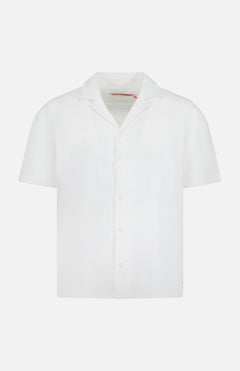 The ORLEBAR BROWN Maitan Open Weave Short Sleeve Shirt features a breathable, textured white fabric, button-up front, and notched Capri collar. Shown against a plain white background.