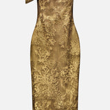 The PAMELLA ROLAND Jacquard Cocktail Dress is a gold, knee-length, off-shoulder piece with a metallic floral textured pattern and fitted silhouette—perfect for gilded glamour.