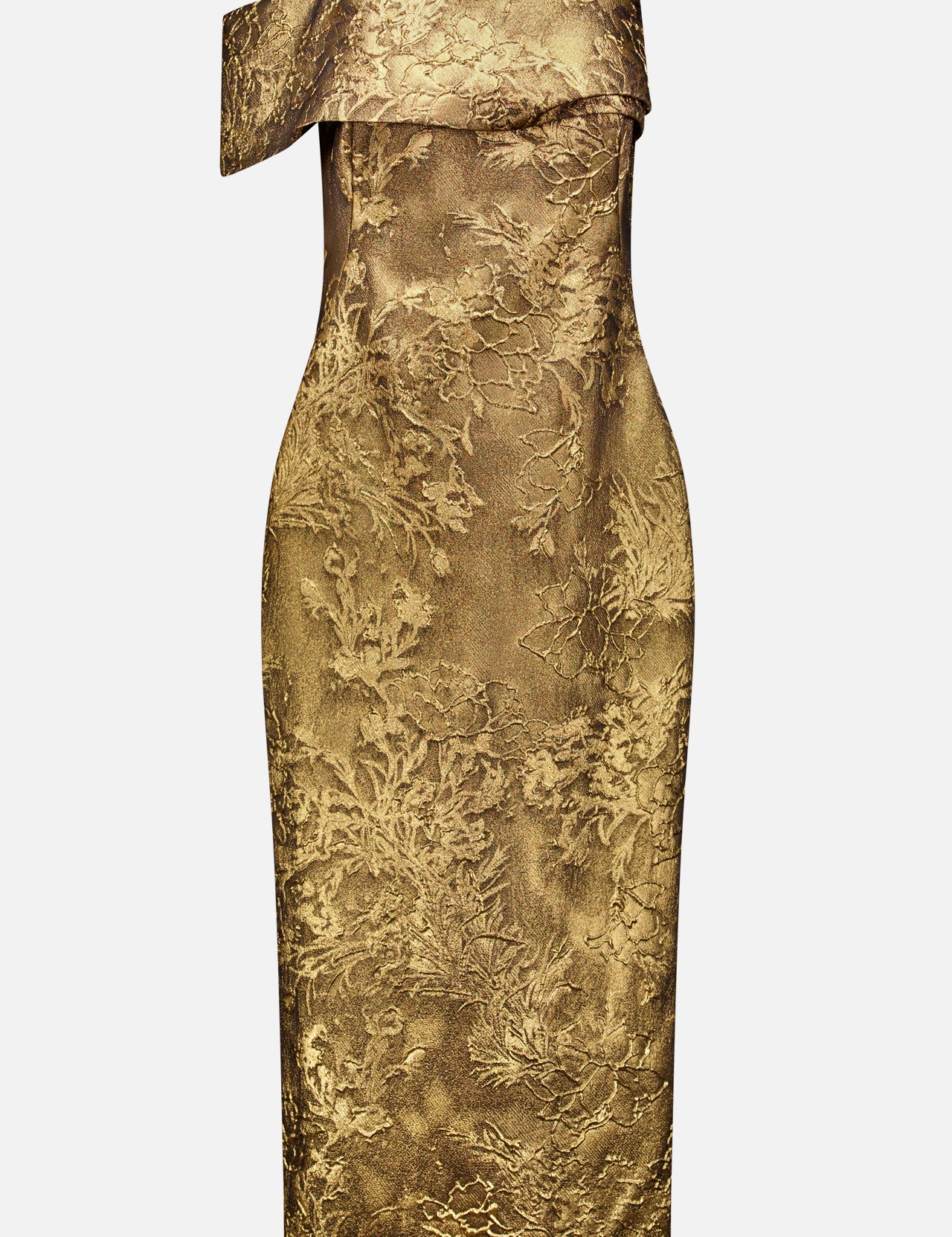 The PAMELLA ROLAND Jacquard Cocktail Dress is a gold, knee-length, off-shoulder piece with a metallic floral textured pattern and fitted silhouette—perfect for gilded glamour.