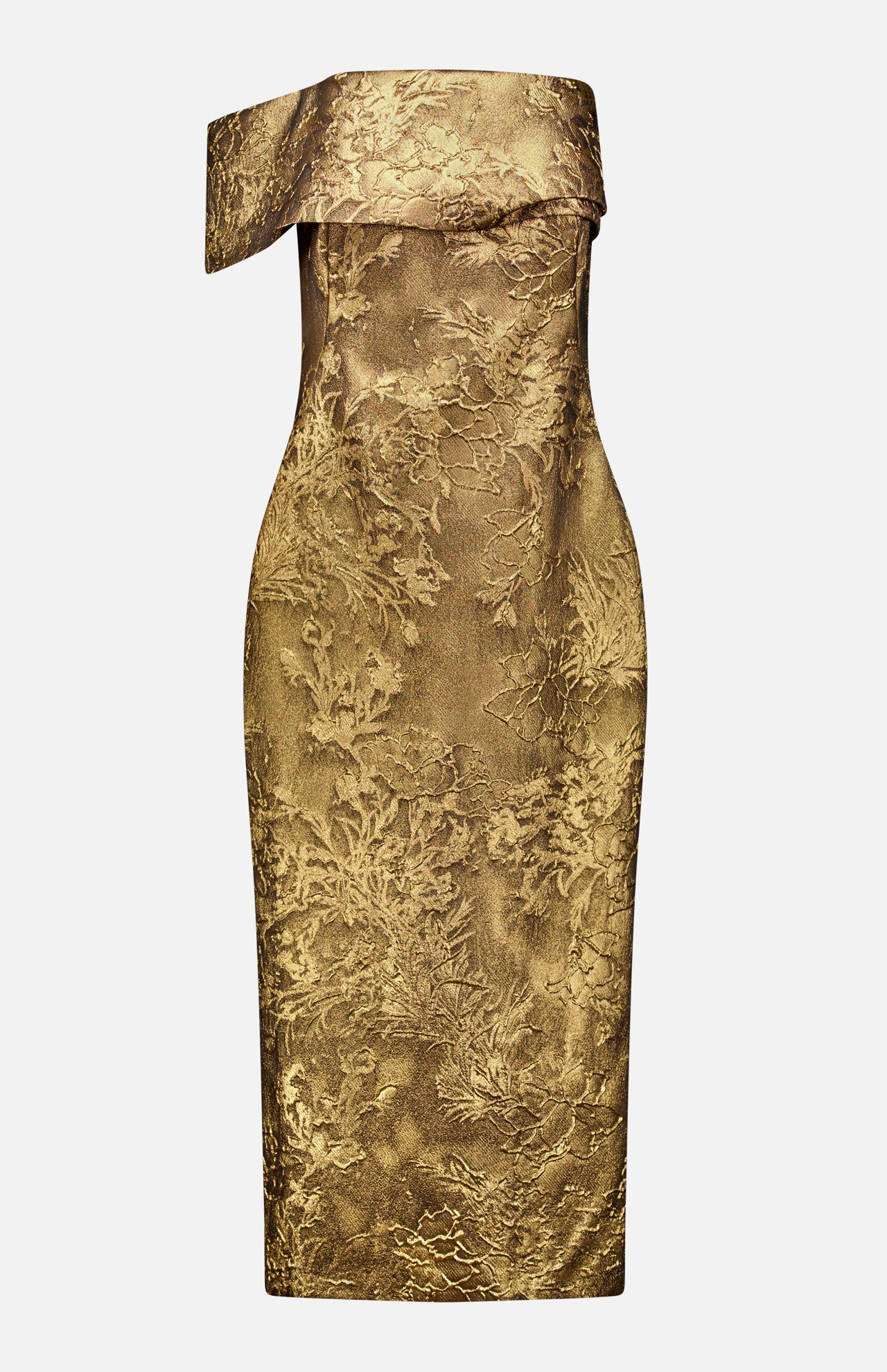 The PAMELLA ROLAND Jacquard Cocktail Dress is a gold, knee-length, off-shoulder piece with a metallic floral textured pattern and fitted silhouette—perfect for gilded glamour.