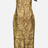 The PAMELLA ROLAND Jacquard Cocktail Dress is strapless and knee-length, featuring a metallic floral jacquard, fitted waist, front slit, and asymmetric bow detail for a gilded glamour look.
