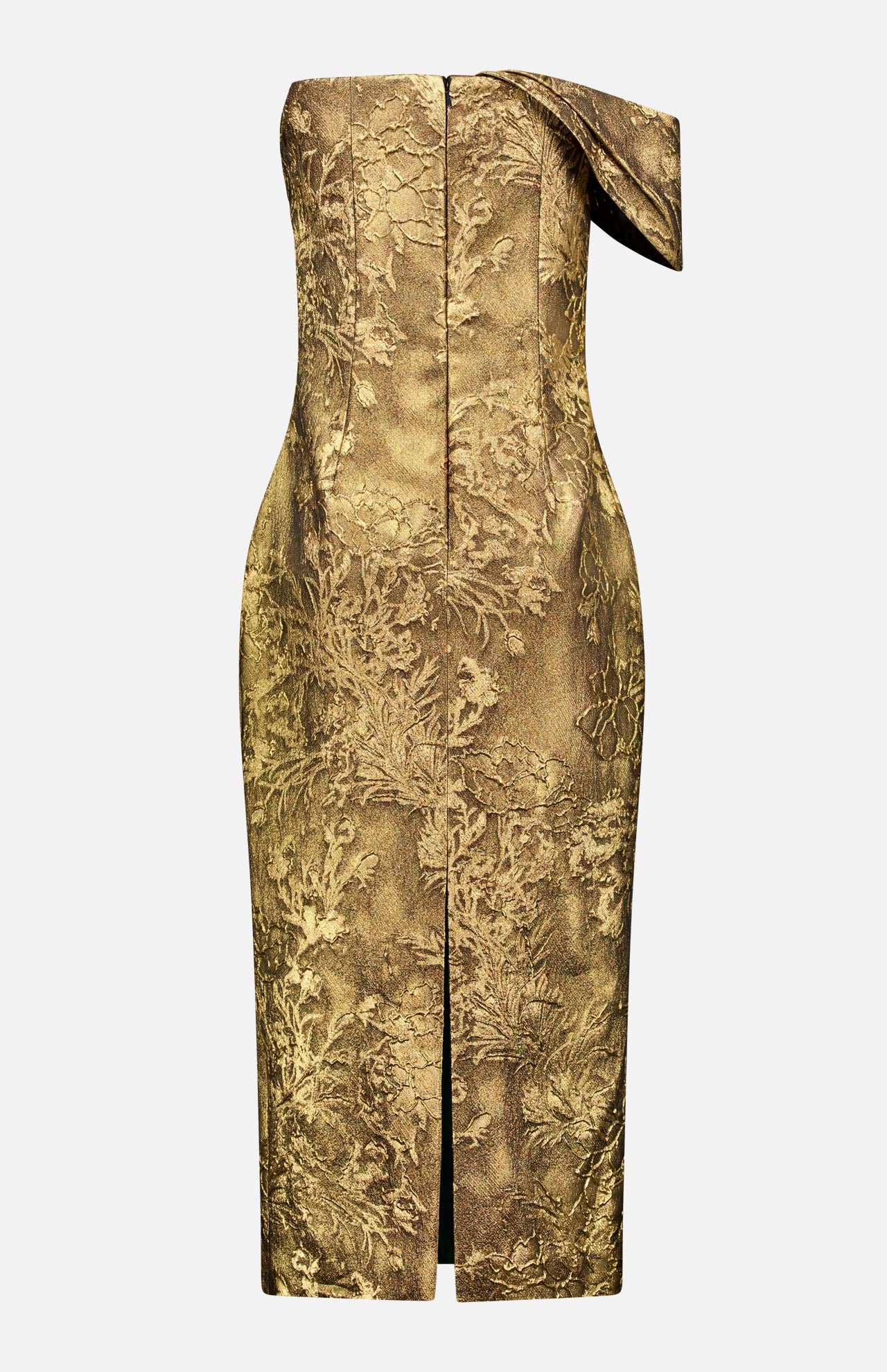 The PAMELLA ROLAND Jacquard Cocktail Dress is strapless and knee-length, featuring a metallic floral jacquard, fitted waist, front slit, and asymmetric bow detail for a gilded glamour look.