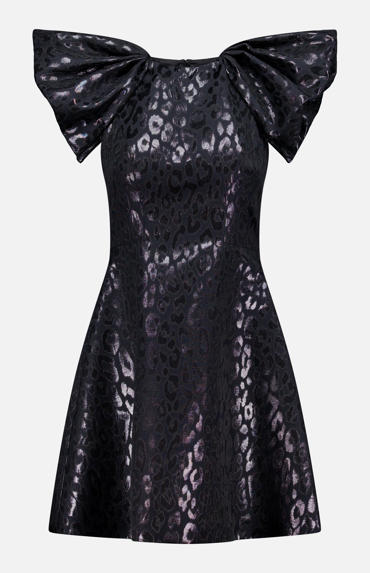 The PAMELLA ROLAND Lurex Jacquard Mini Dress features a black animal print with a shiny leopard pattern, dramatic oversized ruffled shoulders, and metallic sheen, shown against a plain white background.