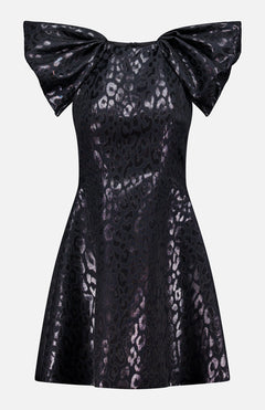 The PAMELLA ROLAND Lurex Jacquard Mini Dress features a black animal print with a shiny leopard pattern, dramatic oversized ruffled shoulders, and metallic sheen, shown against a plain white background.