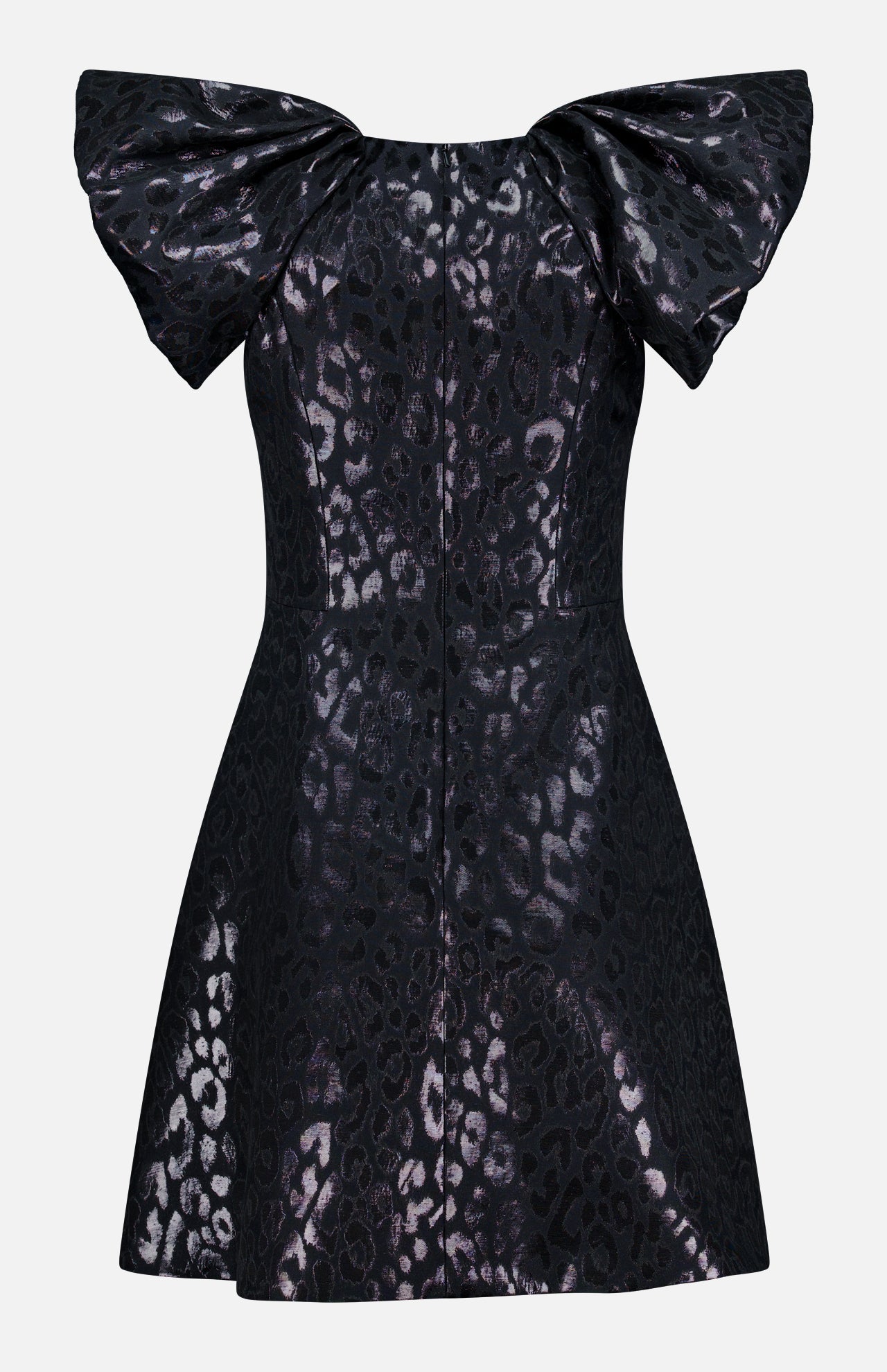The PAMELLA ROLAND Lurex Jacquard Mini Dress features a black metallic leopard print, oversized puff sleeves, a fitted bodice, and a softly flared skirt with all-over shimmer.