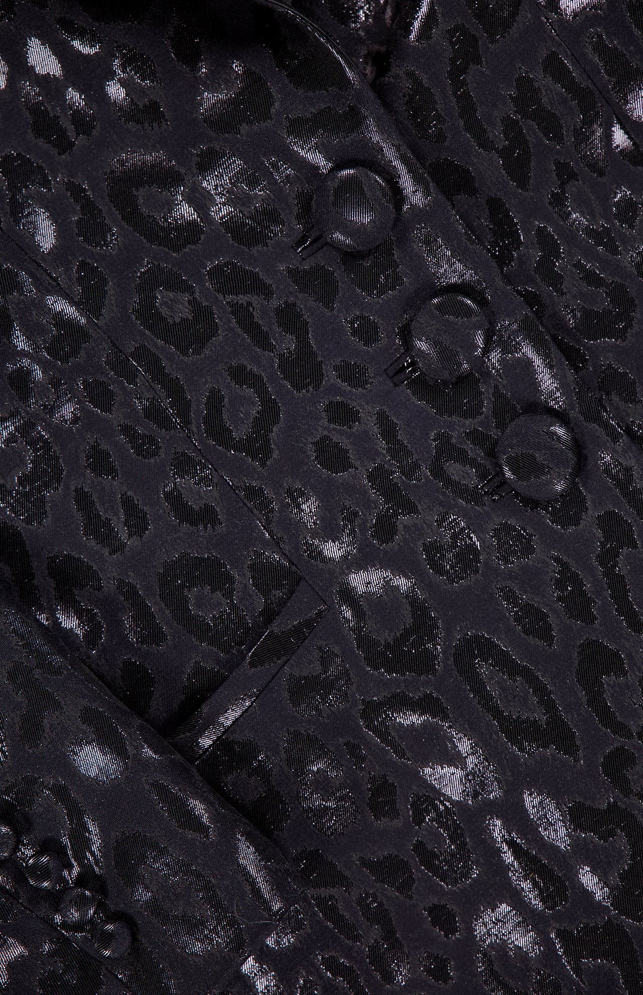 Close-up of the PAMELLA ROLAND Lurex Jacquard Leopard Print Jacket, showcasing its shiny, textured leopard pattern and fabric-covered buttons.