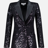 The PAMELLA ROLAND Lurex Jacquard Leopard Print Jacket features a black, metallic animal pattern, satin lapels, two front pockets, and a single-button closure. Shown on a plain light background.